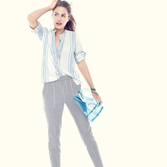 J.Crew JCrew Collarless Popover Blue Shirt Seashore Striped Stripe 0 XS - Picture 2 of 12